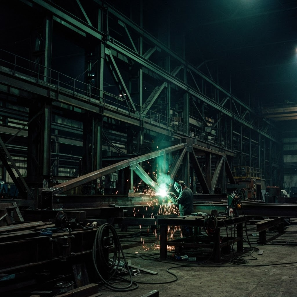 Structural steel framework under construction, lit with green industrial light
